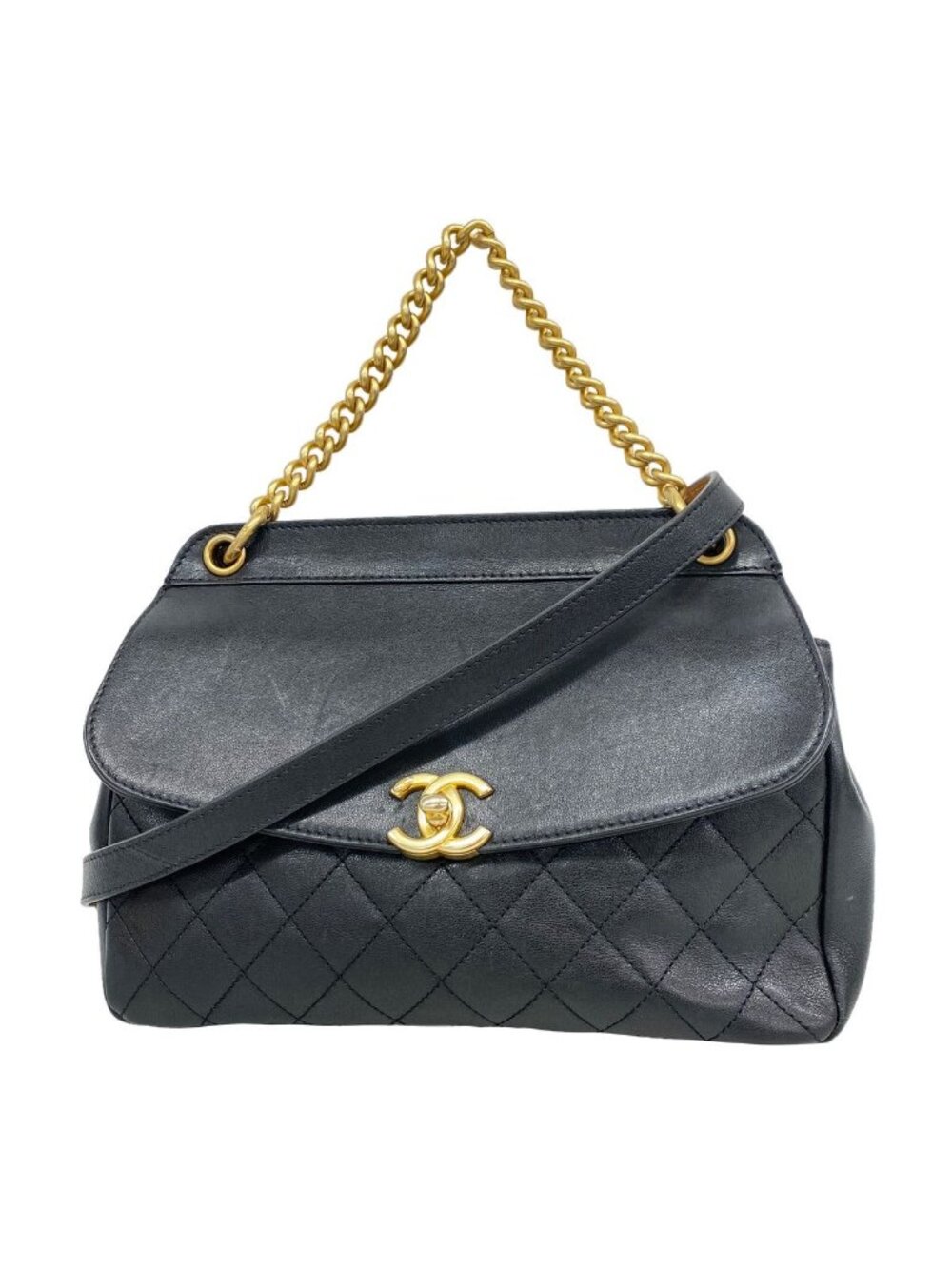 Chanel Handbag Quilted Leather Black Gold 2-Way Bag